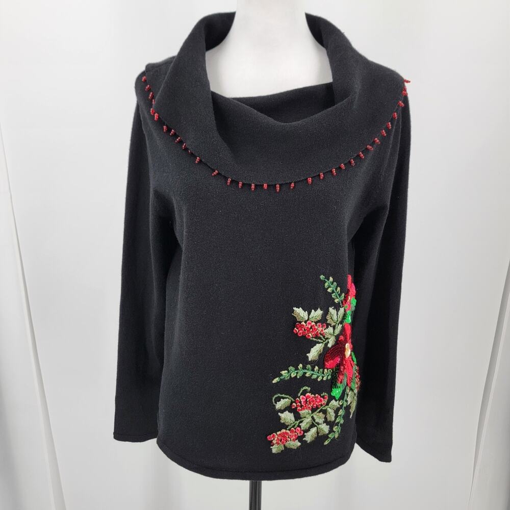 Heirloom Collectibles Sweater Womens Medium Black Beaded Floral Sequins Holiday